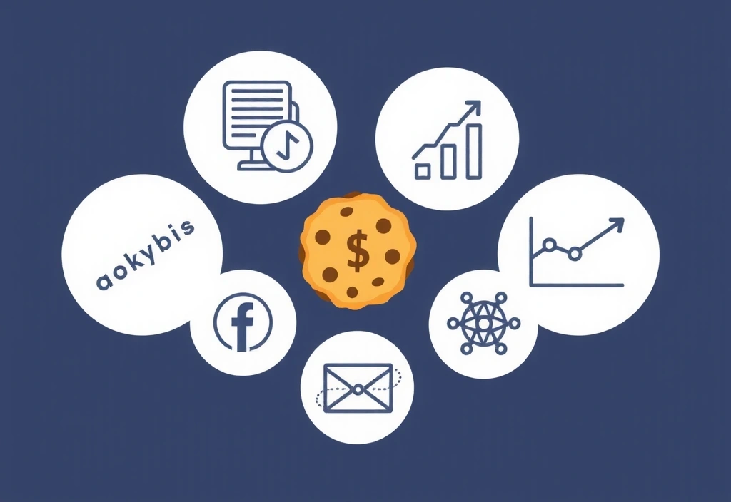 Ilustrace různých typů souborů cookie na webové stránce, s ikonami pro funkčnost, analýzu a marketing.