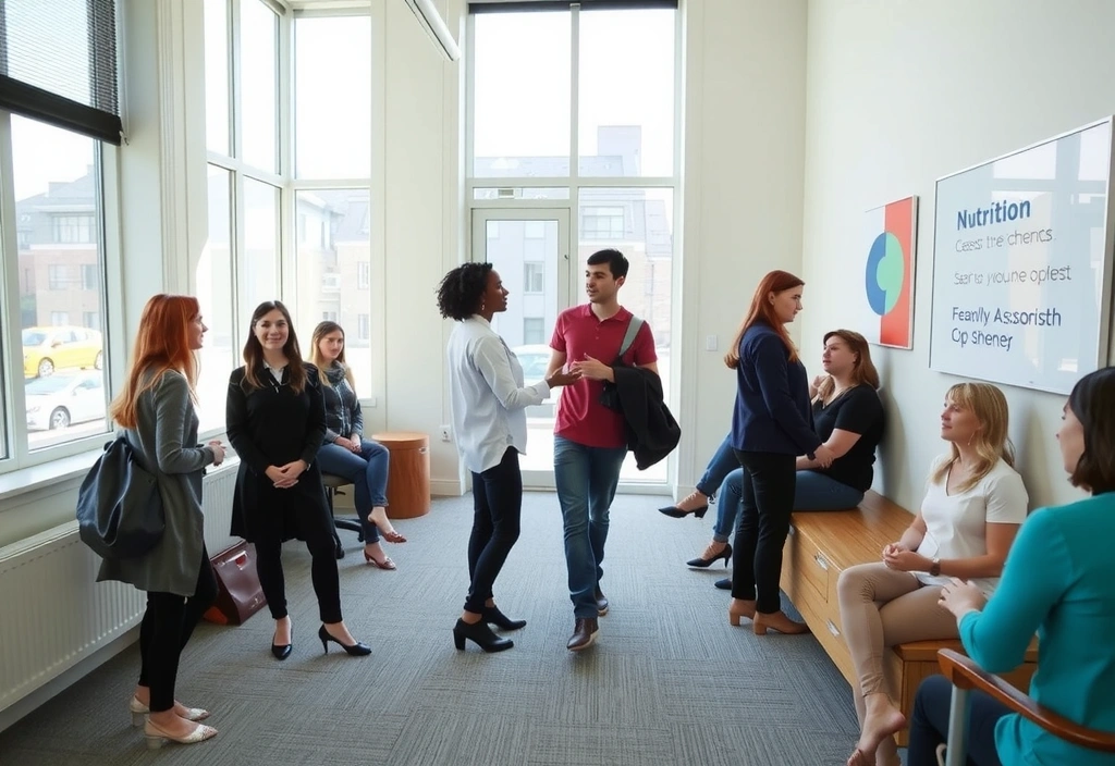 Moderní, čistý kancelářský prostor s lidmi komunikujícími a spolupracujícími, symbolizující otevřenost a dostupnost pro klienty.