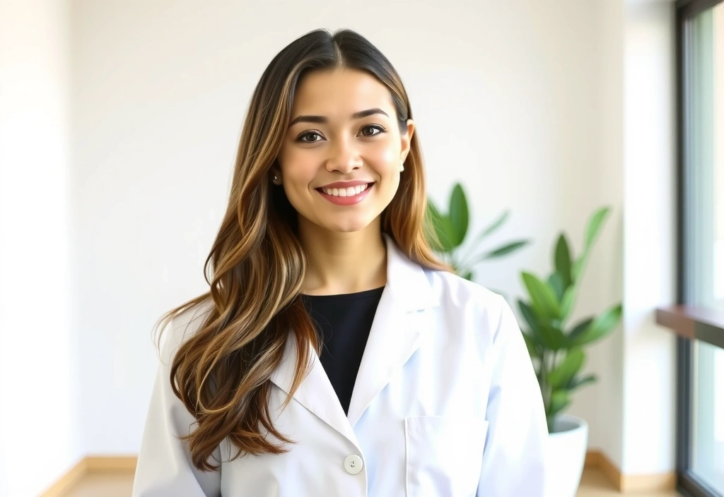 Profesionální portrét přátelské nutriční specialistky v moderním prostředí