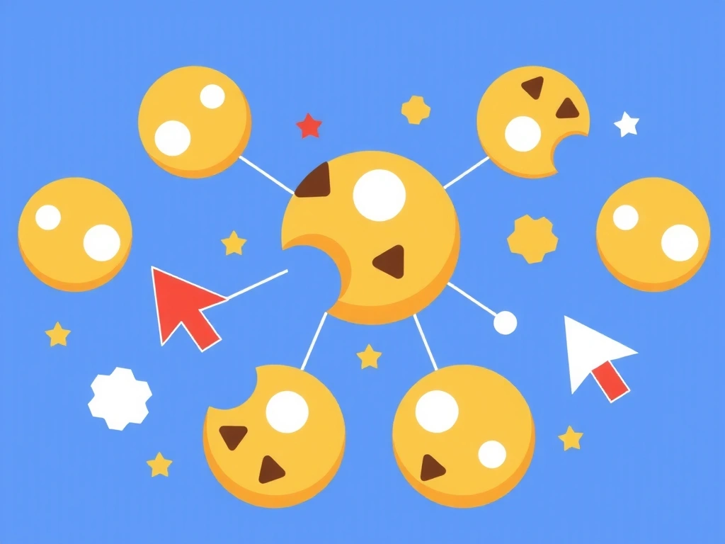 Ilustrace souborů cookie, s pečenými sušenkami a digitálními symboly