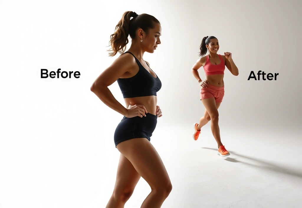 A dynamic image depicting the journey of weight management, with a split composition showing a 'before' silhouette on one side and a 'after' fit silhouette on the other, or a person achieving a fitness goal like lifting weights.
