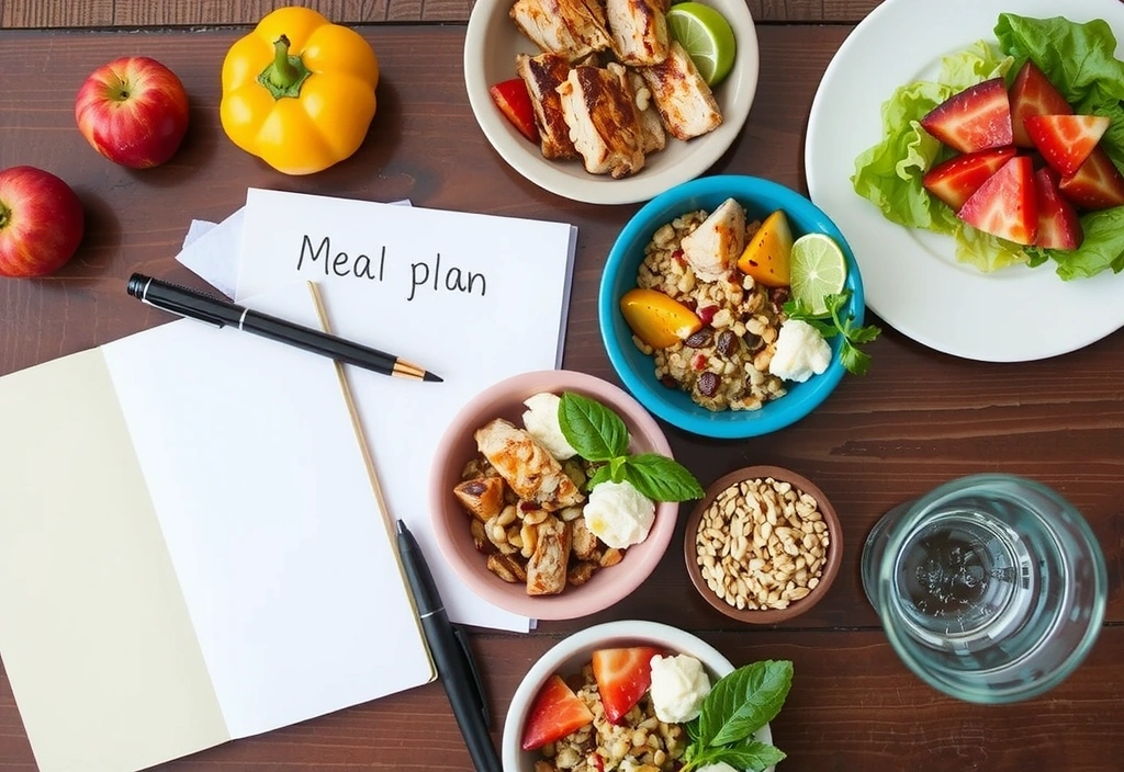 A beautifully organized meal plan laid out on a table, featuring colorful and healthy dishes, alongside a notepad and pen for planning, emphasizing structured and nutritious eating.