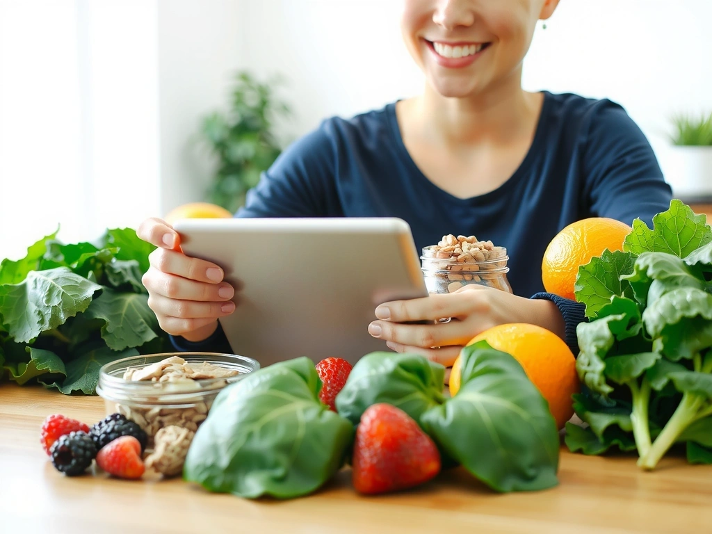 Osoba čte blog na tabletu, obklopena zdravými ingrediencemi
