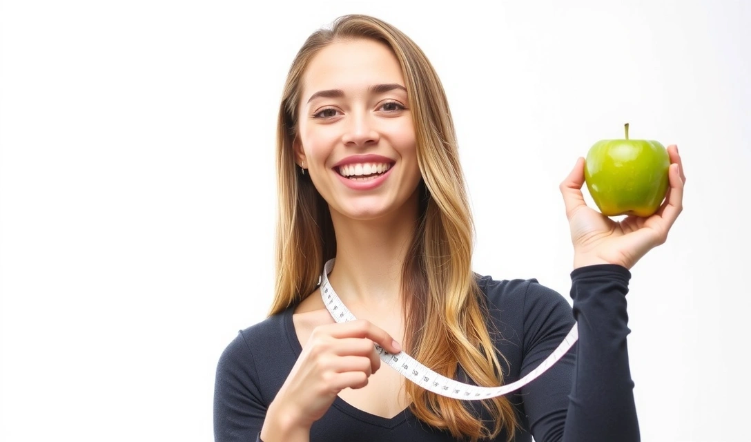 Osoba vypadající zdravě a šťastně, s měřicím páskem nebo zdravým jídlem, symbolizující úspěch a pohodu. Žádný text.